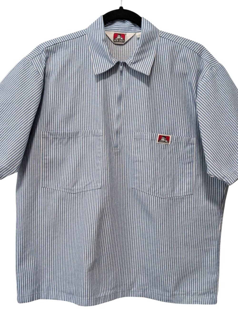 Ben Davis Mens Size M Blue White Striped 1/2 Zip Short Sleeve Pocket Work Shirt